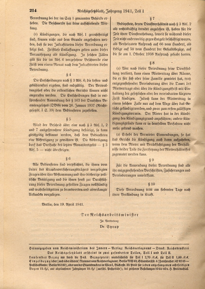 Verordnung über die Bediensteten bei den Trägern der Krankenversicherung in den sudetendeutschen Gebieten, 10. April 1941.