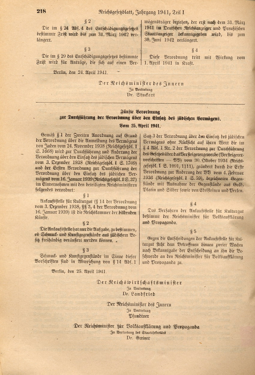 Fünfte Verordnung zur Durchführung der Verordnung über den Einsatz des jüdischen Vermögens, 25. April 1941.
