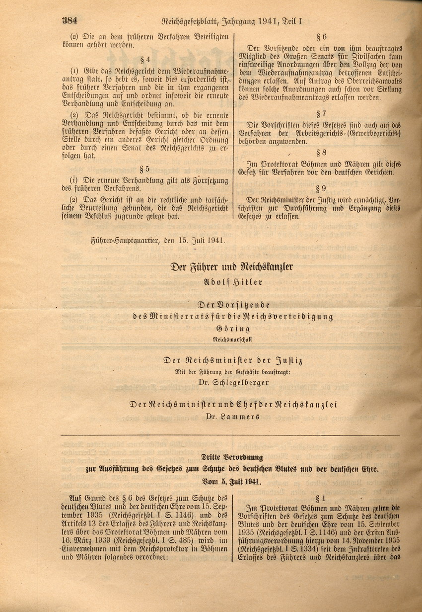 Dritte Verordnung zur Ausführung des Gesetzes zum Schutze des deutschen Blutes und der deutschen Ehre, 5. Juli 1941.