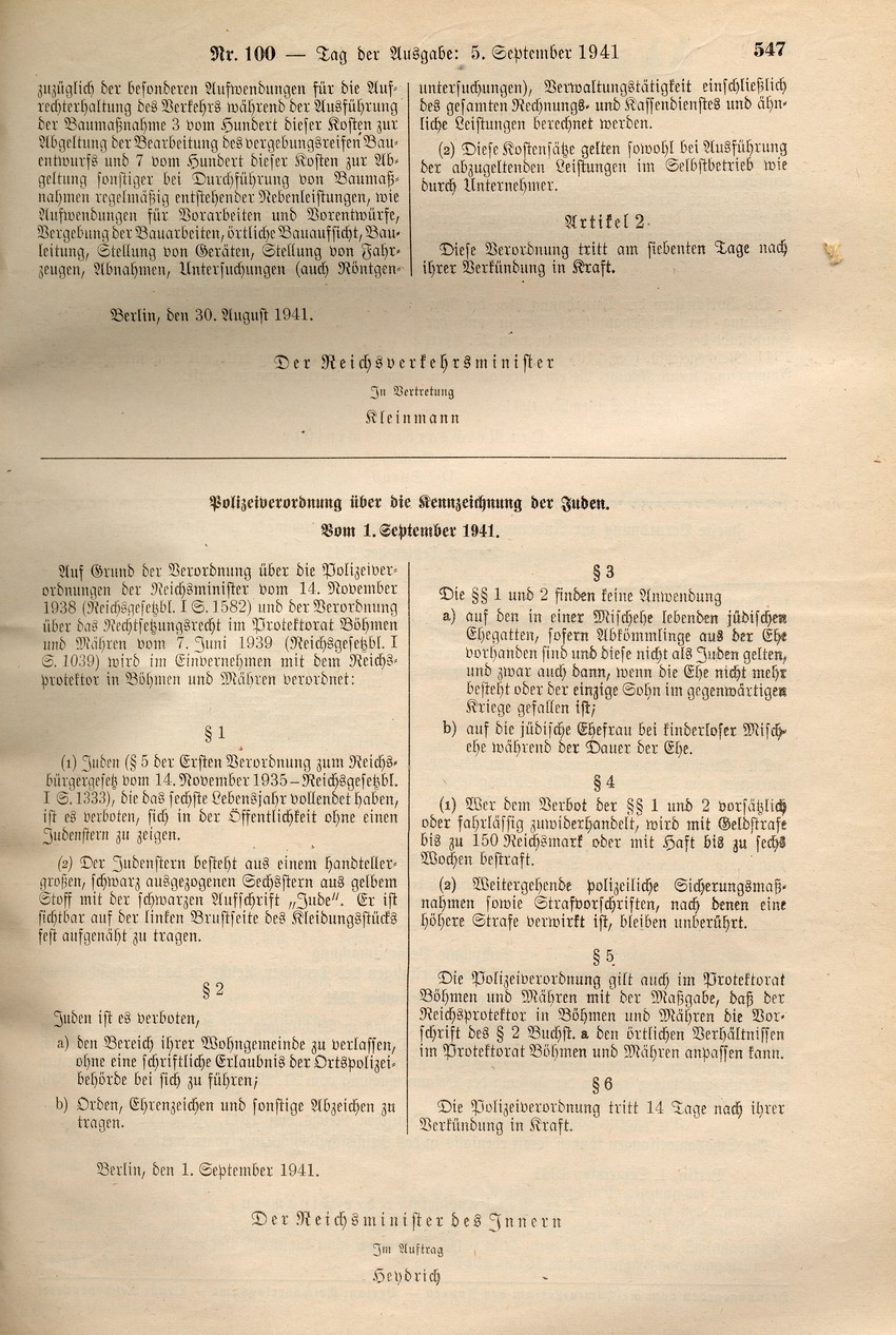 Polizeiverordnung über die Kennzeichnung von Juden, 01. September 1941.