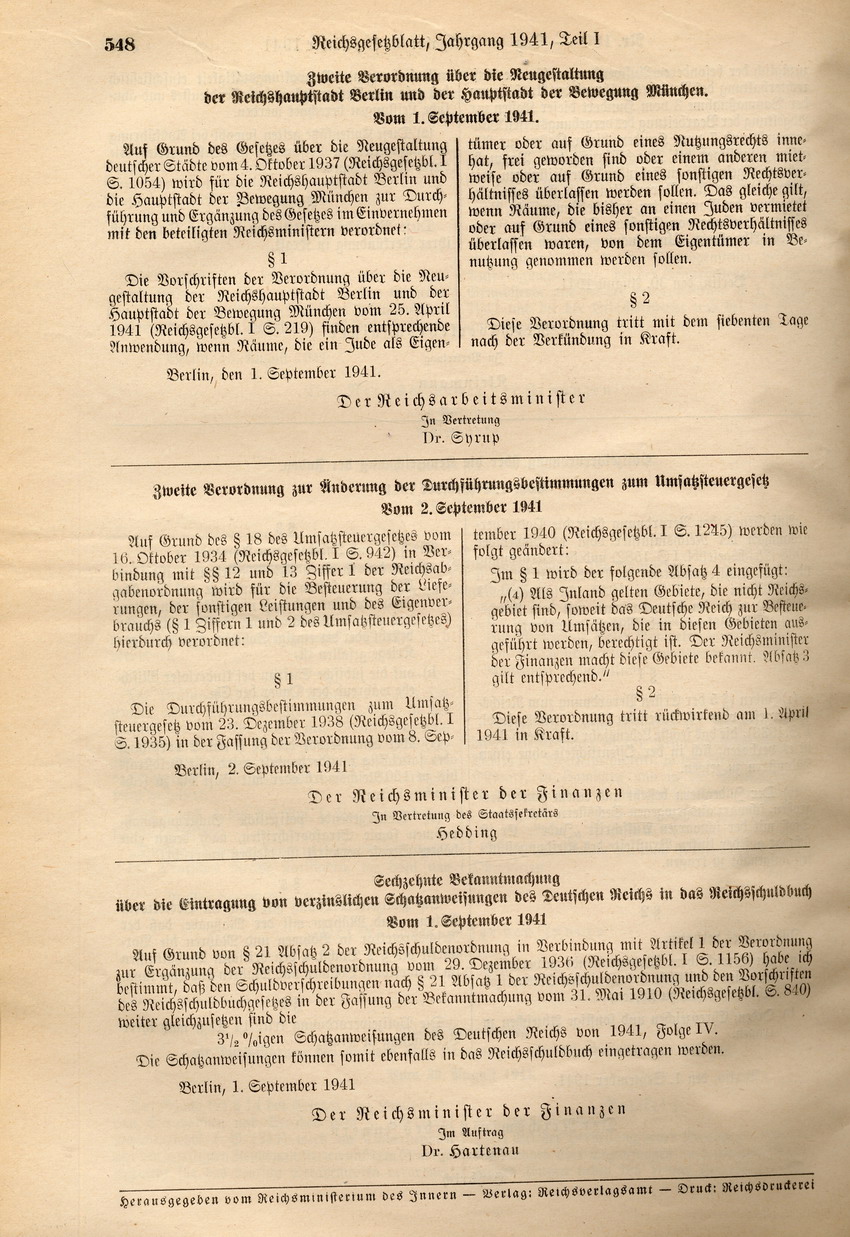 Zweite Verordnung über die Neugestaltung der Reichshauptstadt Berlin und der Hauptstadt der Bewegung München, 01. September 1941.