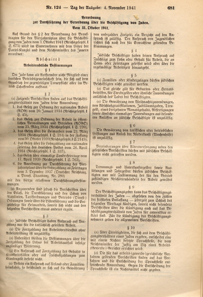 Verordnung zur Durchführung der Verordnung über die Beschäftigung von Juden, 31. Oktober 1941.