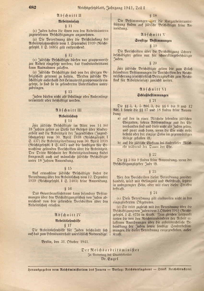 Verordnung zur Durchführung der Verordnung über die Beschäftigung von Juden, 31. Oktober 1941.