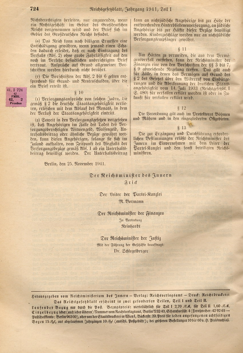 Elfte Verordnung zum Reichsbürgergesetz, 25. November 1941.
