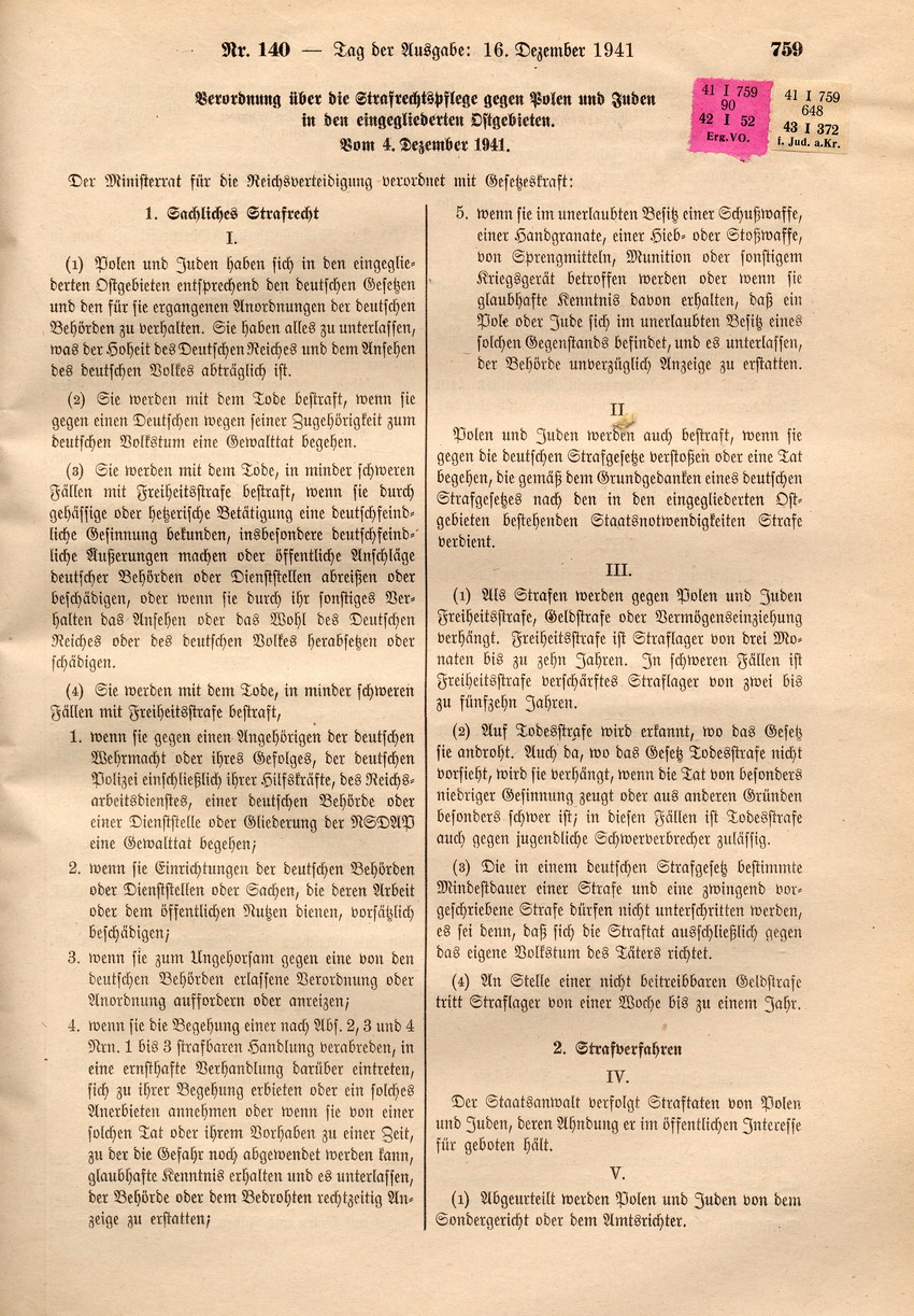 Verordnung über die Strafrechtspflege gegen Polen und Juden in den eingegliederten Ostgebieten, 04. Dezember 1941.