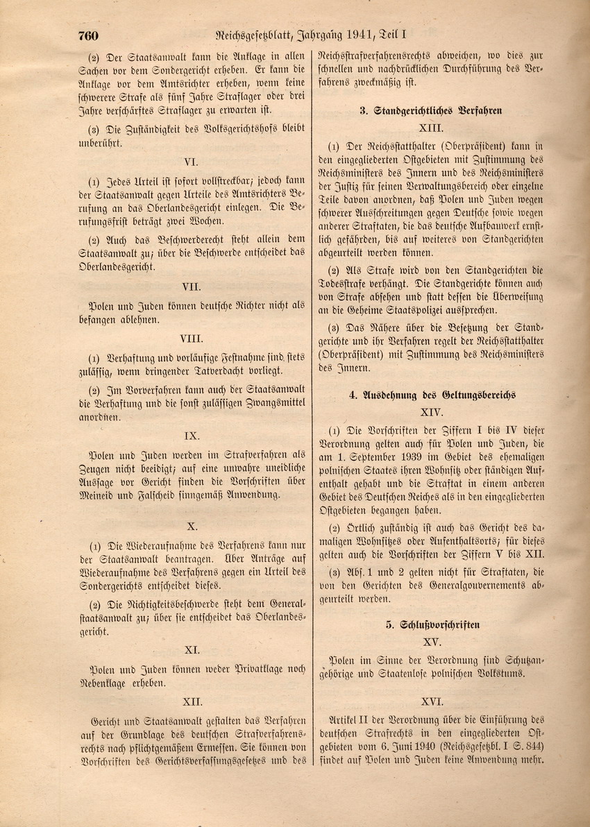 Verordnung über die Strafrechtspflege gegen Polen und Juden in den eingegliederten Ostgebieten, 04. Dezember 1941.