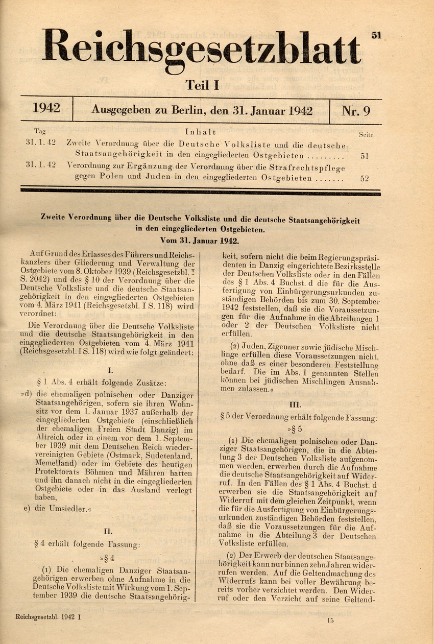 Zweite Verordnung über die Deutsche Volksliste und die deutsche Staatsangehörigkeit in den eingegliederten Ostgebieten, 31. Januar 1942.