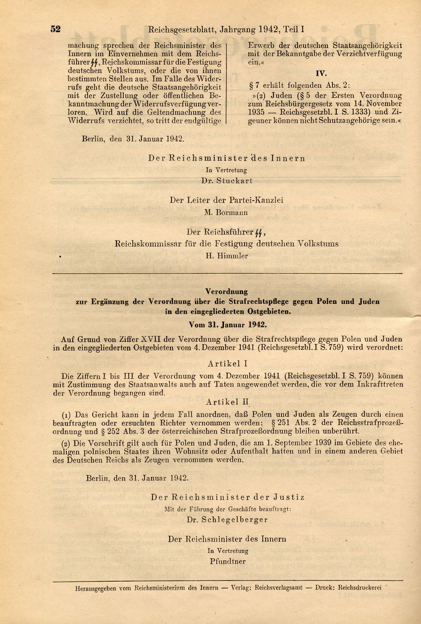 Zweite Verordnung über die Deutsche Volksliste und die deutsche Staatsangehörigkeit in den eingegliederten Ostgebieten, 31. Januar 1942.