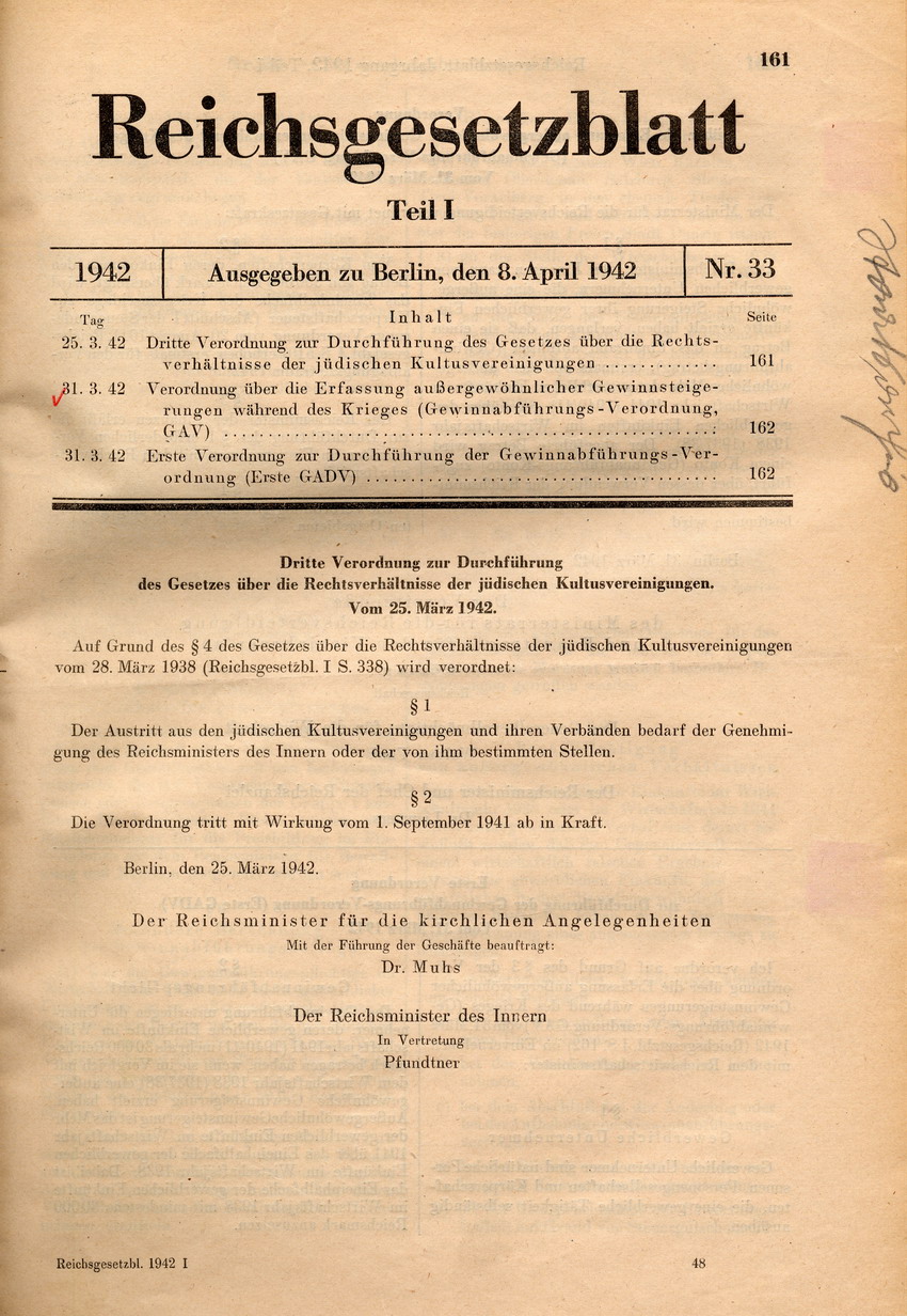 Dritte Verordnung zur Durchführung des Gesetzes über die Rechtsverhältnisse der jüdischen Kultusvereinigungen, 25. März 1942.