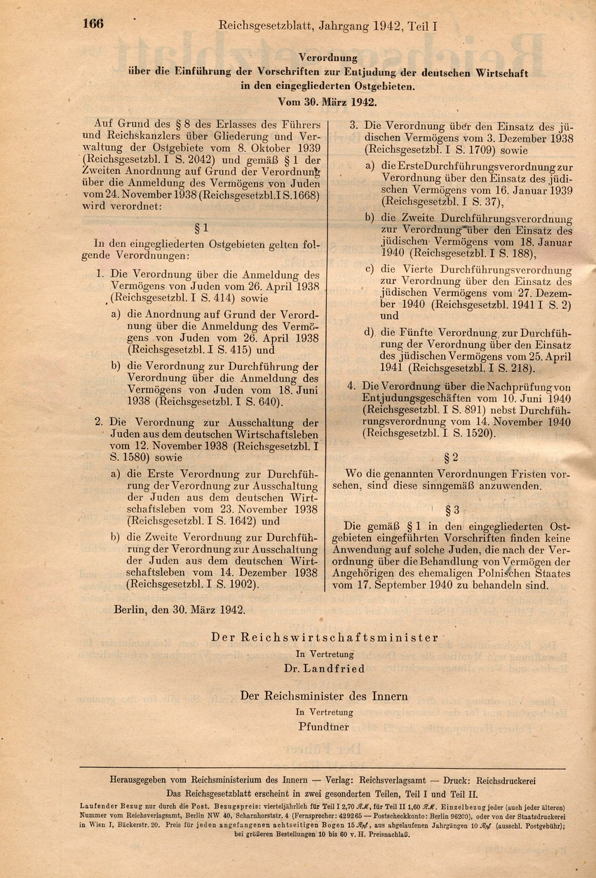 Verordnung über die Einführung der Vorschriften zur Entjudung der deutschen Wirtschaft in den eingegliederten Ostgebieten, 30. März 1942.