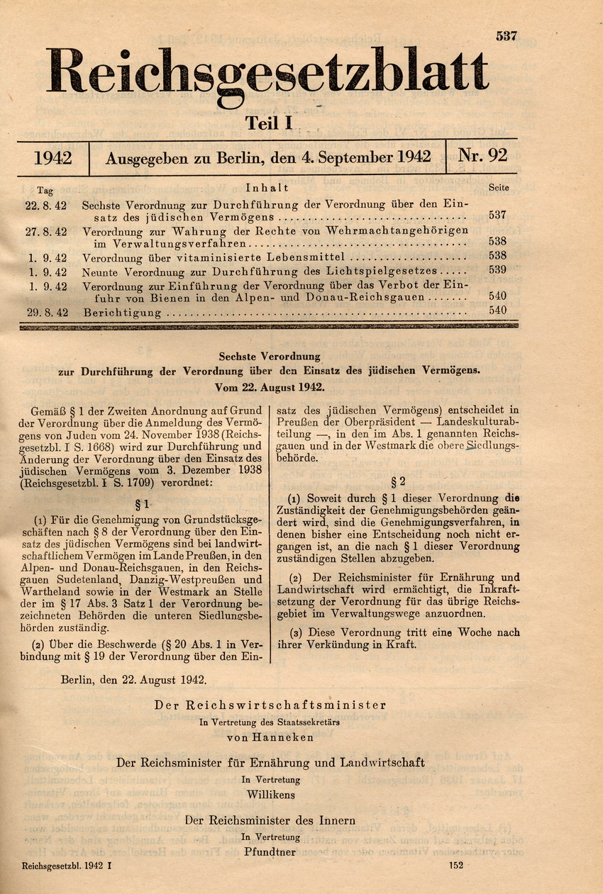 Sechste Verordnung zur Durchführung der Verordnung über den Einsatz des jüdischen Vermögens, 22. August 1942.