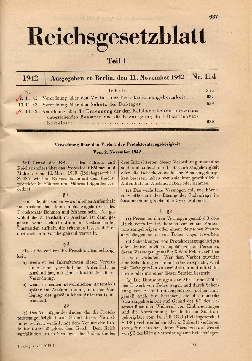 Verordnung über den Verlust der Protektoratsangehörigkeit, 02. November 1942.