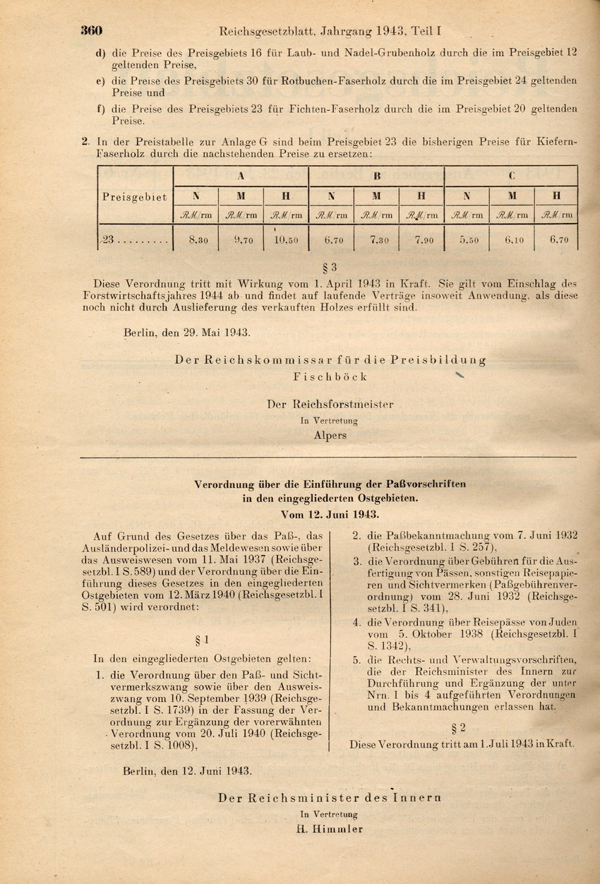 Verordnung über die Einführung der Paßvorschriften in den eingegliederten Ostgebieten, 12. Juni 1943.