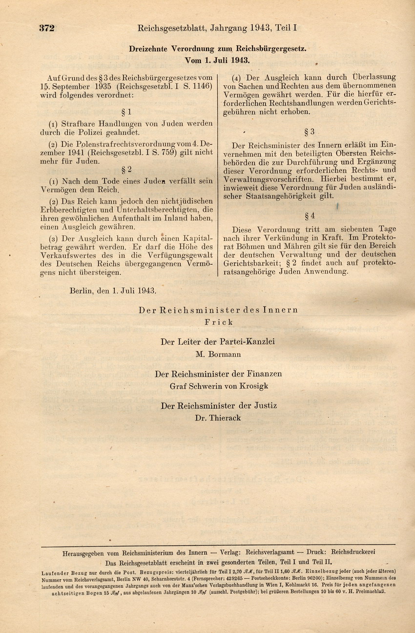 Dreizehnte Verordnung zum Reichsbürgergesetz, 01. Juli 1943.