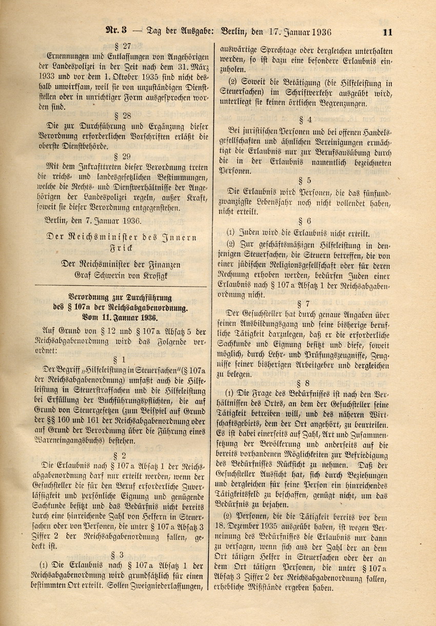 Verordnung zur Durchführung des § 107a der Reichsabgabenordnung, 11. Januar 1936.
