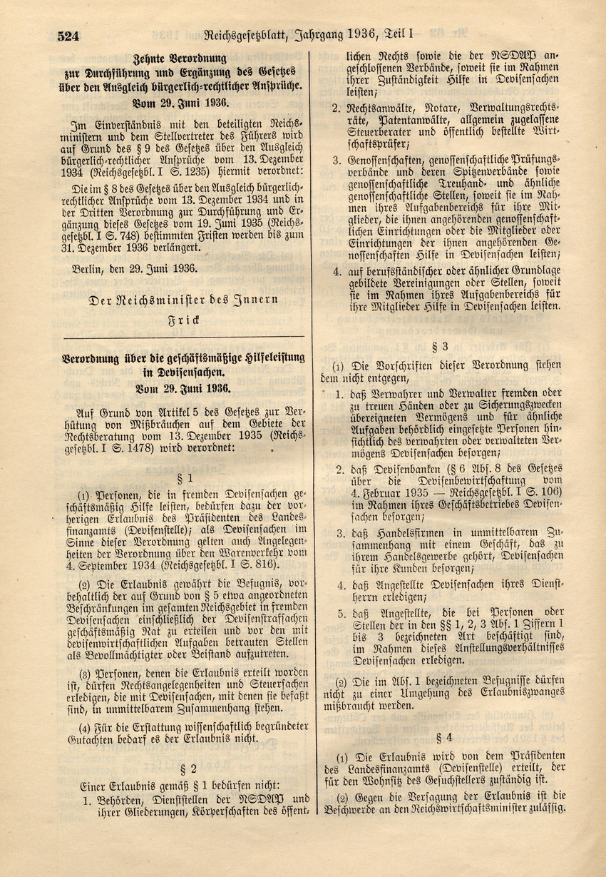 Verordnung über die geschäftsmäßige Hilfeleistung in Devisensachen, 29. Juni 1936.