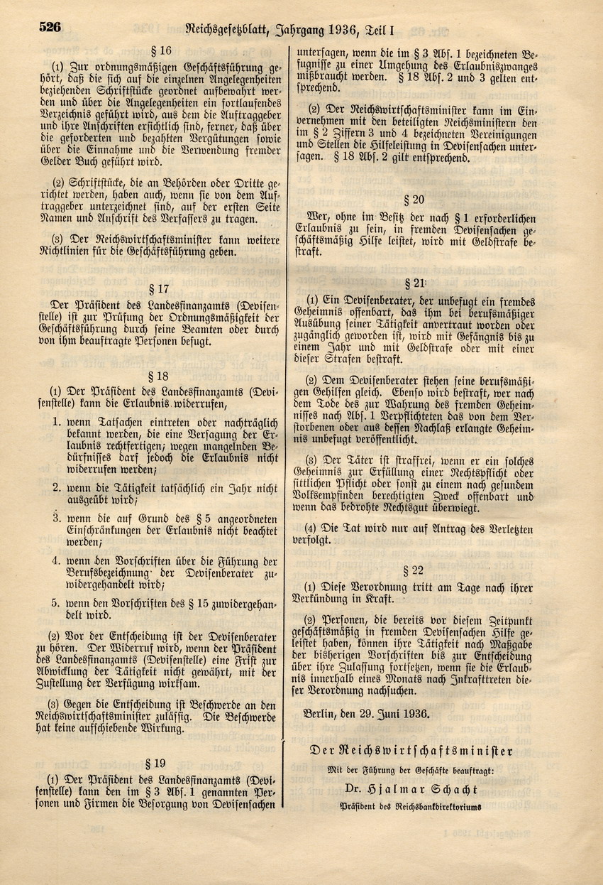 Verordnung über die geschäftsmäßige Hilfeleistung in Devisensachen, 29. Juni 1936.