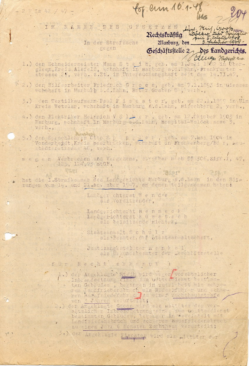 Urteil der Strafkammer l des Landgerichts Marburg betr. die Strafsache wg. Inbrandsetzung der Synagoge in Marburg gegen Steih u.a. Marburg, 21. November 1947