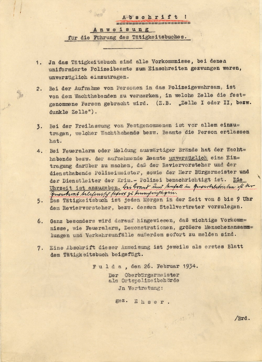 Polizeibuch der Stadt Fulda mit Eintragung der polizeilichen Tätigkeiten in den Tagen des Novemberpogroms 1938,  vom 7. - 12. November 1938