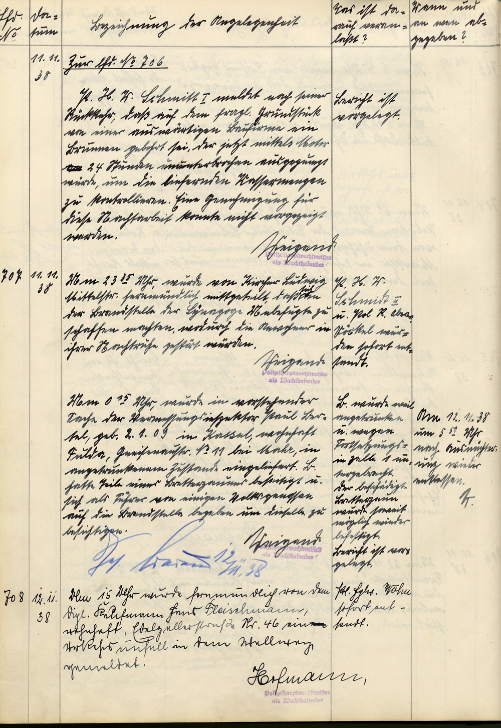Polizeibuch der Stadt Fulda mit Eintragung der polizeilichen Tätigkeiten in den Tagen des Novemberpogroms 1938,  vom 7. - 12. November 1938