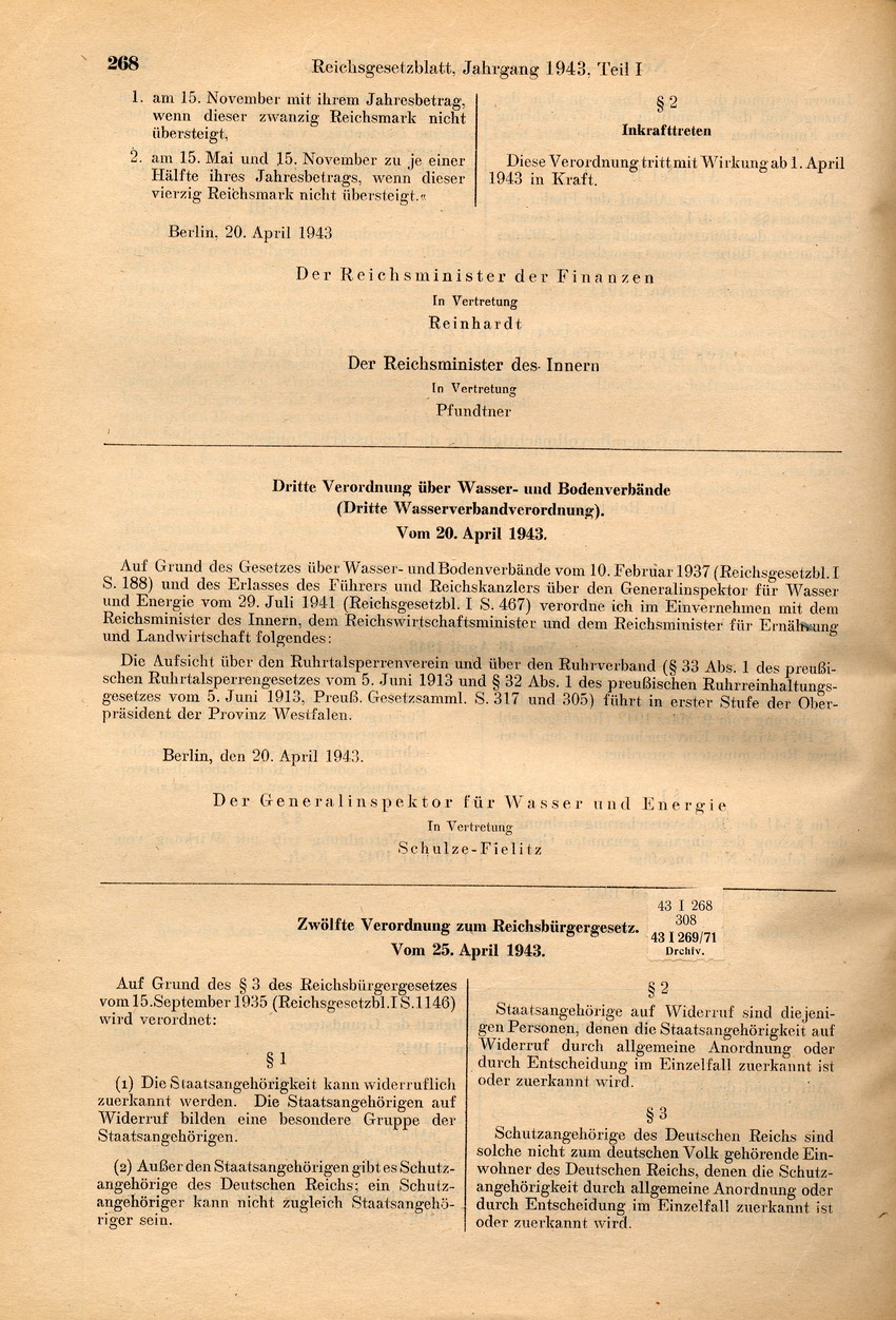 Zwölfte Verordnung zum Reichsbürgergesetz, 25. April 1943.