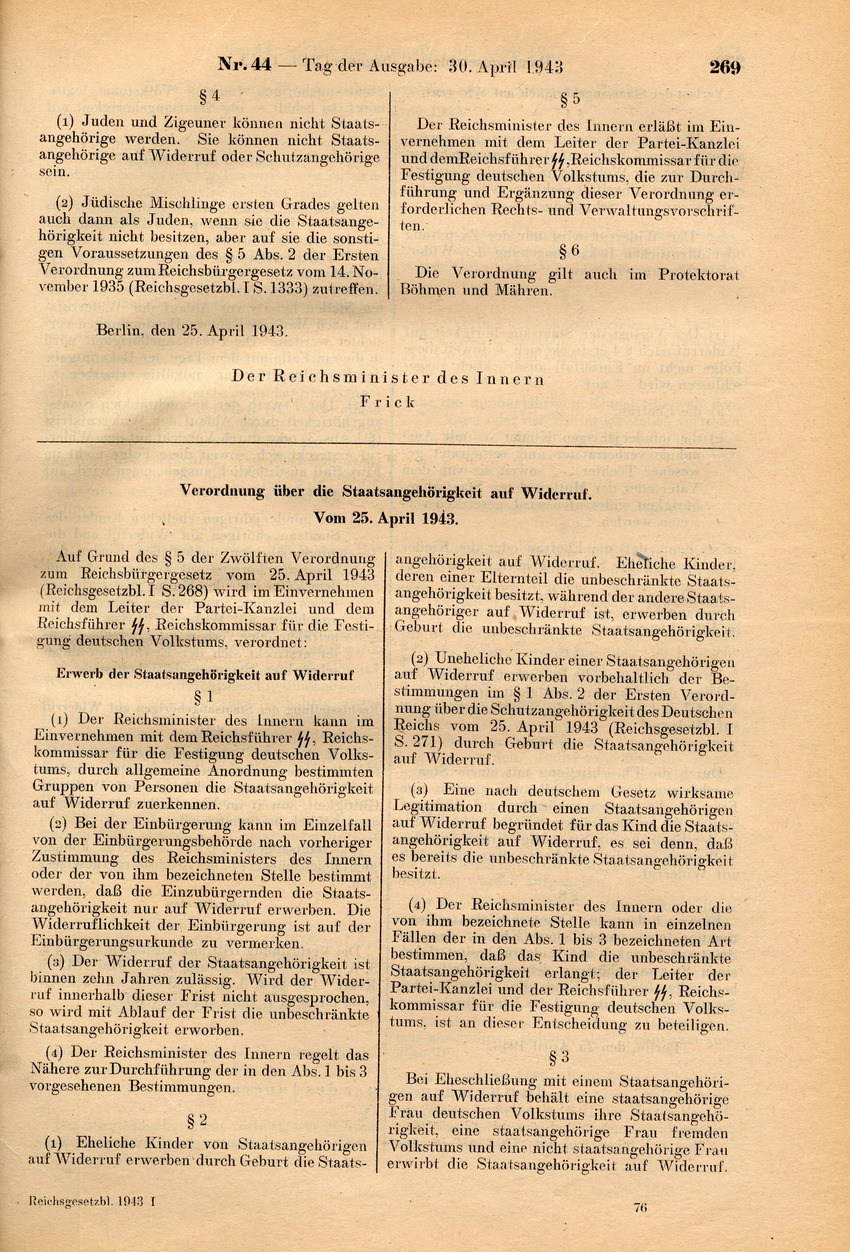 Zwölfte Verordnung zum Reichsbürgergesetz, 25. April 1943.