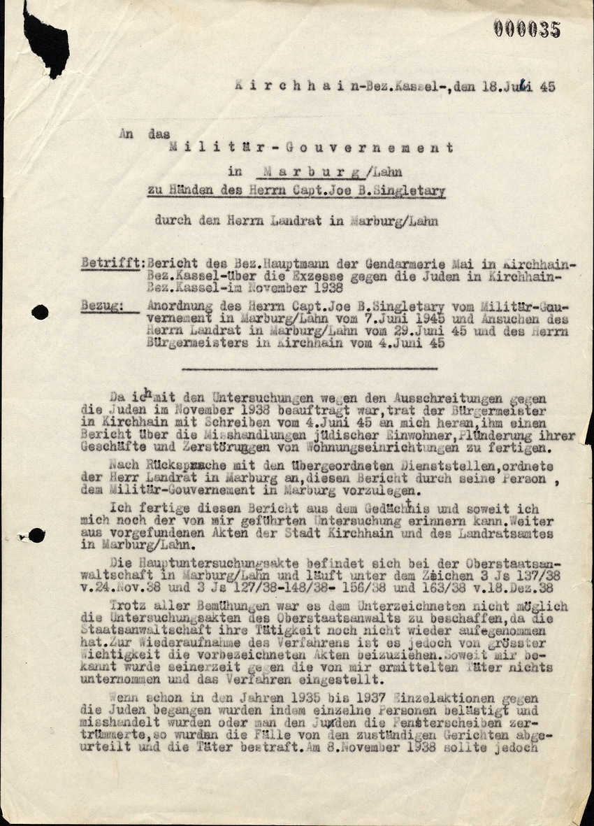 Bericht des Bez. Hauptmanns der Gendarmerie Mai in Kirchhain über die Exzesse gegen die Juden in Kirchhain 1938.