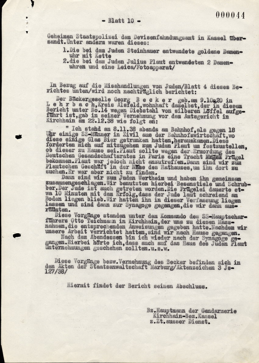 Bericht des Bez. Hauptmanns der Gendarmerie Mai in Kirchhain über die Exzesse gegen die Juden in Kirchhain 1938.