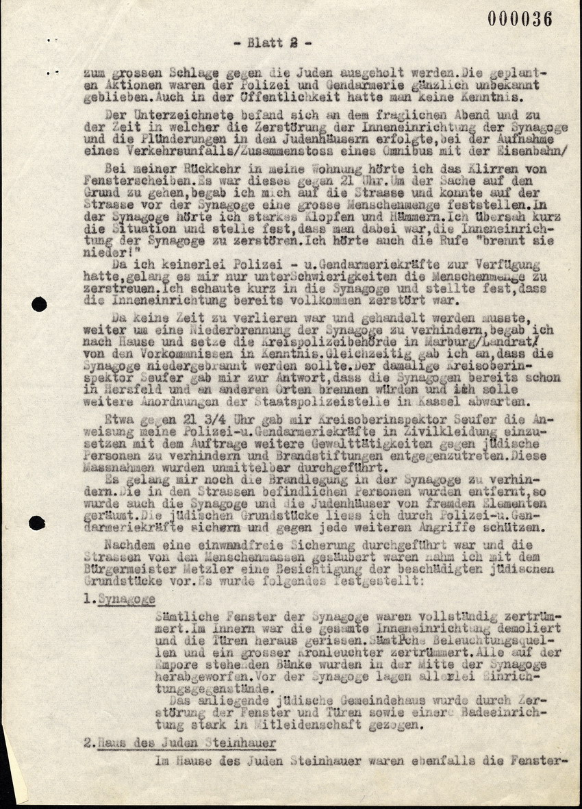 Bericht des Bez. Hauptmanns der Gendarmerie Mai in Kirchhain über die Exzesse gegen die Juden in Kirchhain 1938.