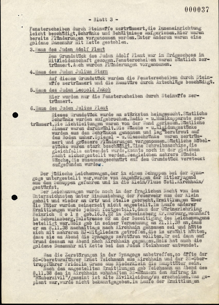 Bericht des Bez. Hauptmanns der Gendarmerie Mai in Kirchhain über die Exzesse gegen die Juden in Kirchhain 1938.