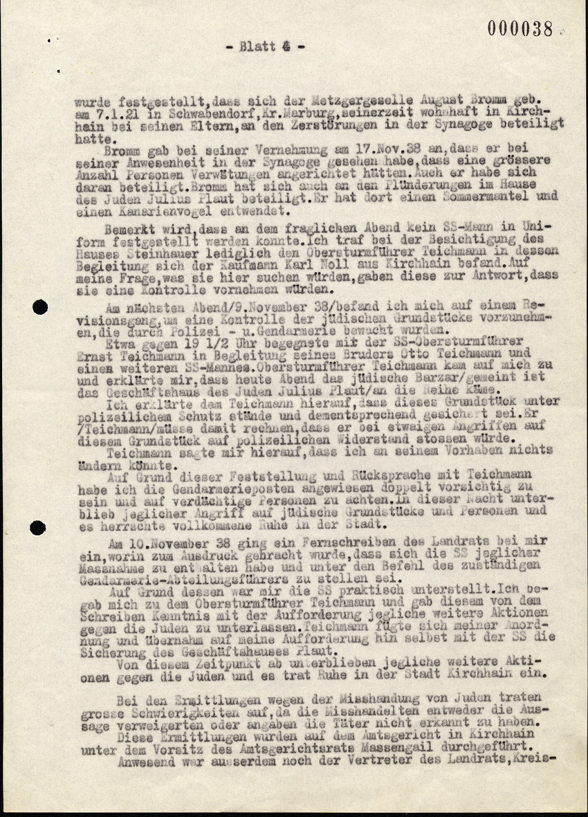 Bericht des Bez. Hauptmanns der Gendarmerie Mai in Kirchhain über die Exzesse gegen die Juden in Kirchhain 1938.