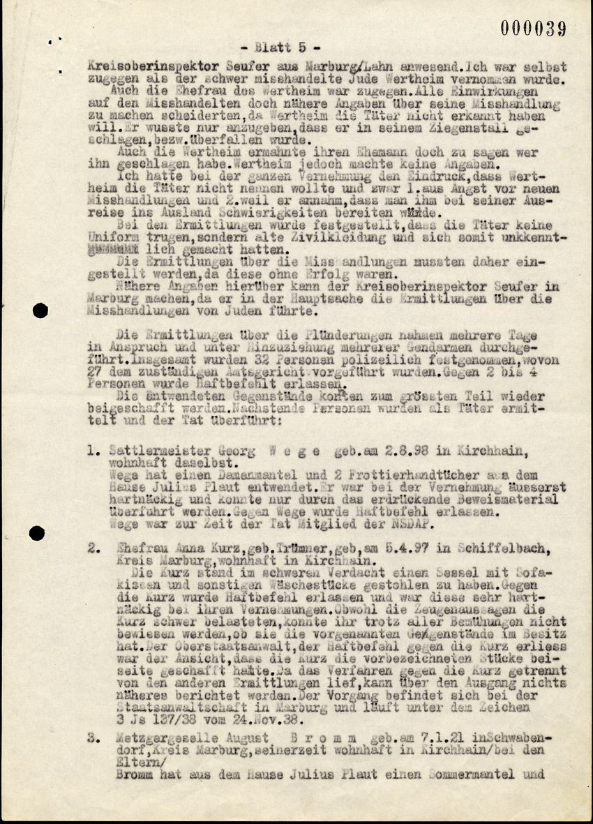 Bericht des Bez. Hauptmanns der Gendarmerie Mai in Kirchhain über die Exzesse gegen die Juden in Kirchhain 1938.