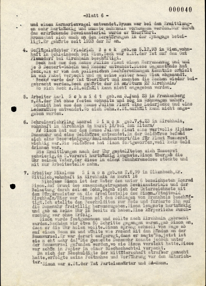 Bericht des Bez. Hauptmanns der Gendarmerie Mai in Kirchhain über die Exzesse gegen die Juden in Kirchhain 1938.