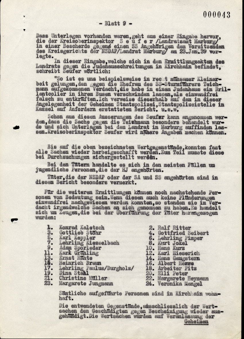 Bericht des Bez. Hauptmanns der Gendarmerie Mai in Kirchhain über die Exzesse gegen die Juden in Kirchhain 1938.
