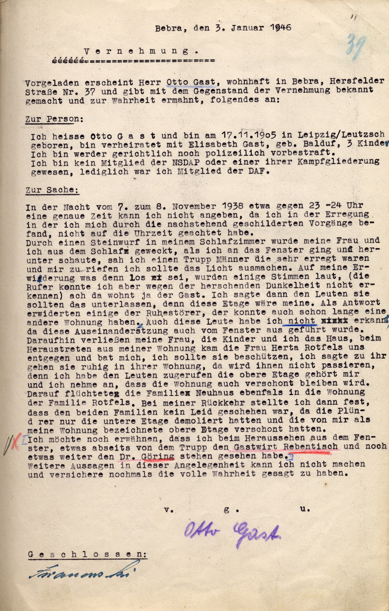 Vernehmungsniederschrift mit der Aussage von Otto Gast im Ermittlungsverfahren wegen Landfriedensbruch am 7./8. November 1938 in Bebra, 3. Januar 1946