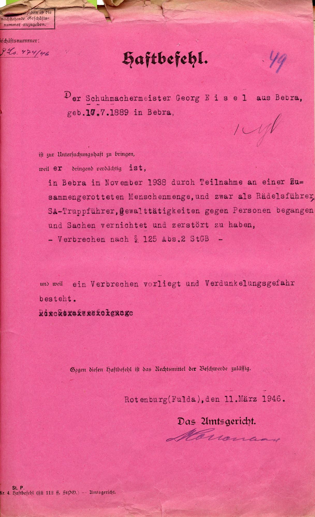 Haftbefehl gegen Georg Eisel wegen Verdachts des Vergehens nach § 125 Abs. 2 StGB am 7./8. November 1938 in Bebra, 11. März 1946