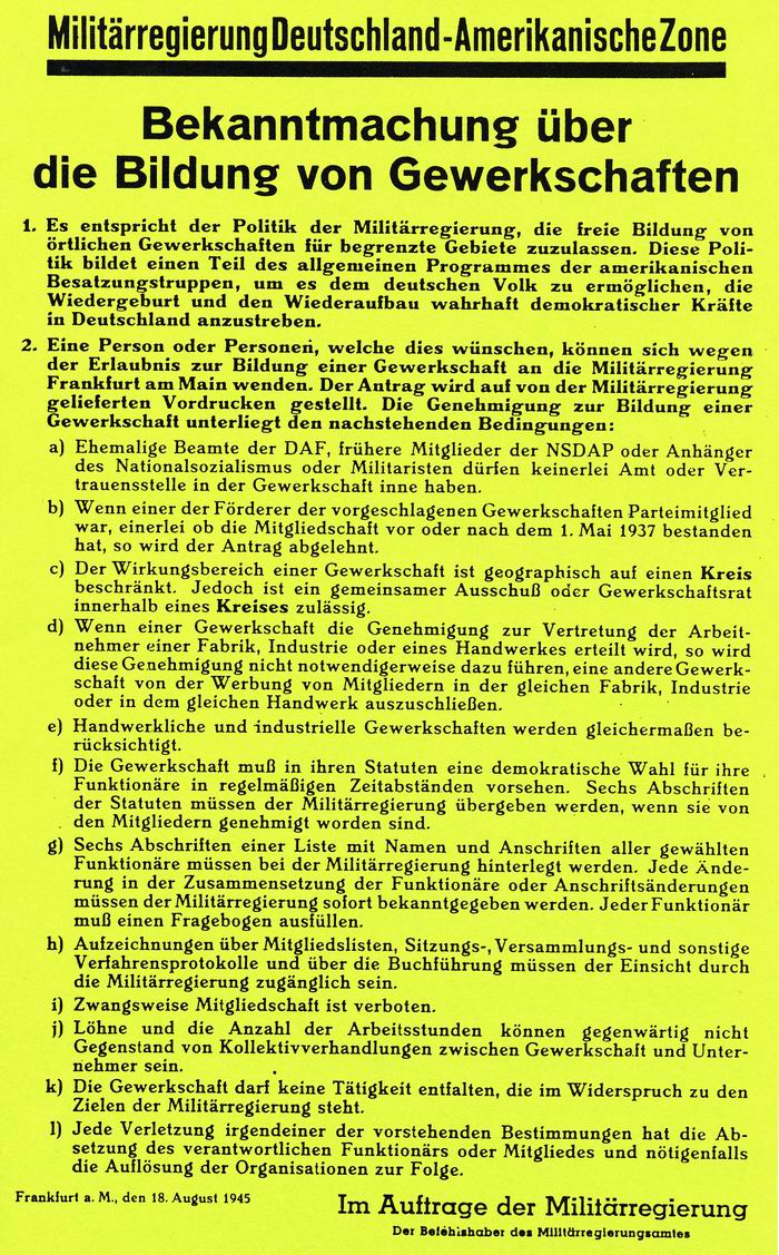 Anschlag: der Militärregierung "Bekanntmachung über die Bildung von Gewerkschaften" vom 18. August 1945