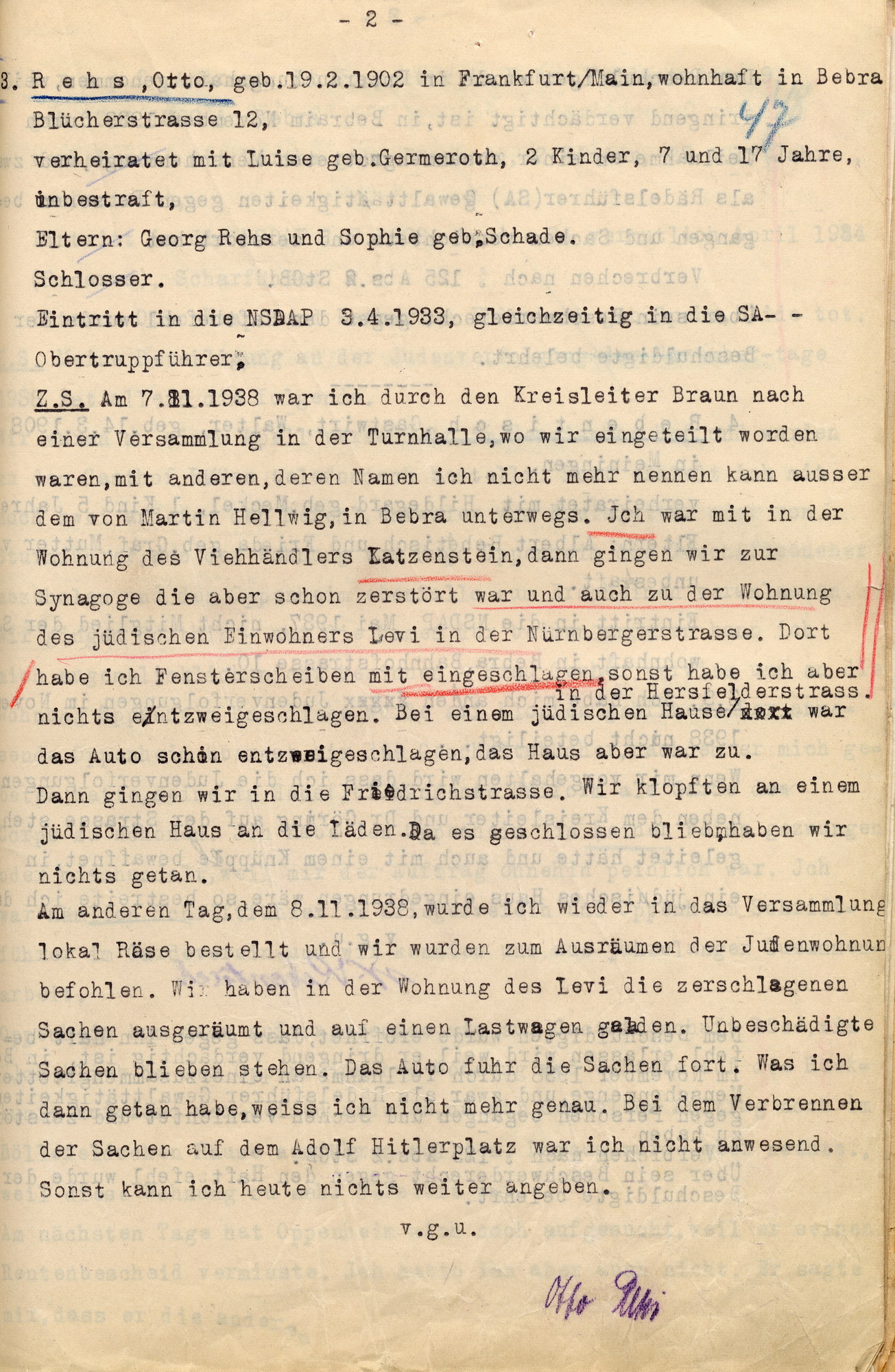 Vernehmigungsprotokolle von fünf Beschuldigten im Fall der Ausschreitungen gegen Juden am 7./8. November 1938 in Bebra beim Amtsgericht in Rotenburg, 11. März 1938