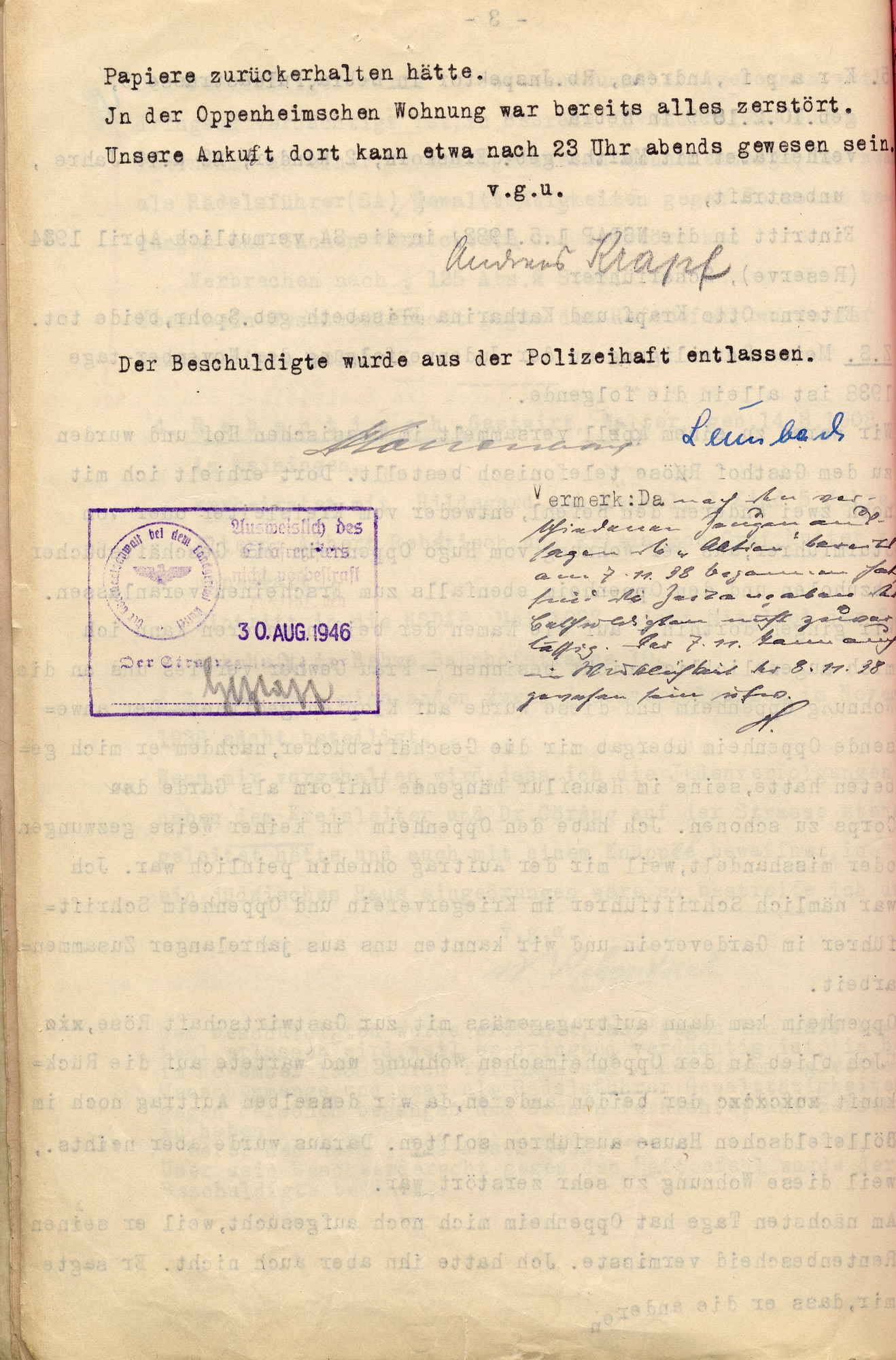 Vernehmigungsprotokolle von fünf Beschuldigten im Fall der Ausschreitungen gegen Juden am 7./8. November 1938 in Bebra beim Amtsgericht in Rotenburg, 11. März 1938