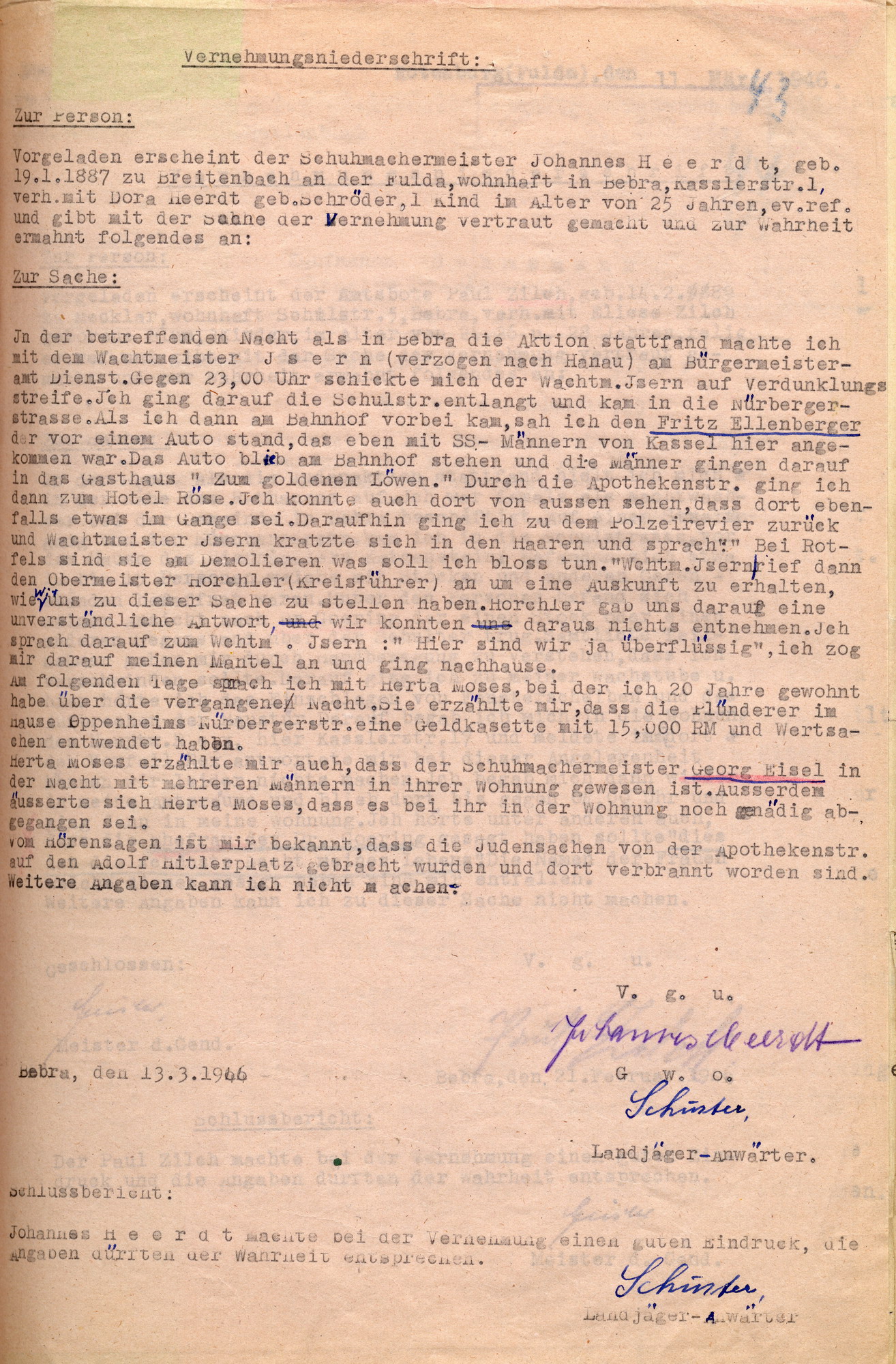 Vernehmungsniederschrift des Zeugen Johannes Heerdt im Verfahren wegen Landfriedensbruchs am 7./8. November 1938 in Bebra, 13. März 1946