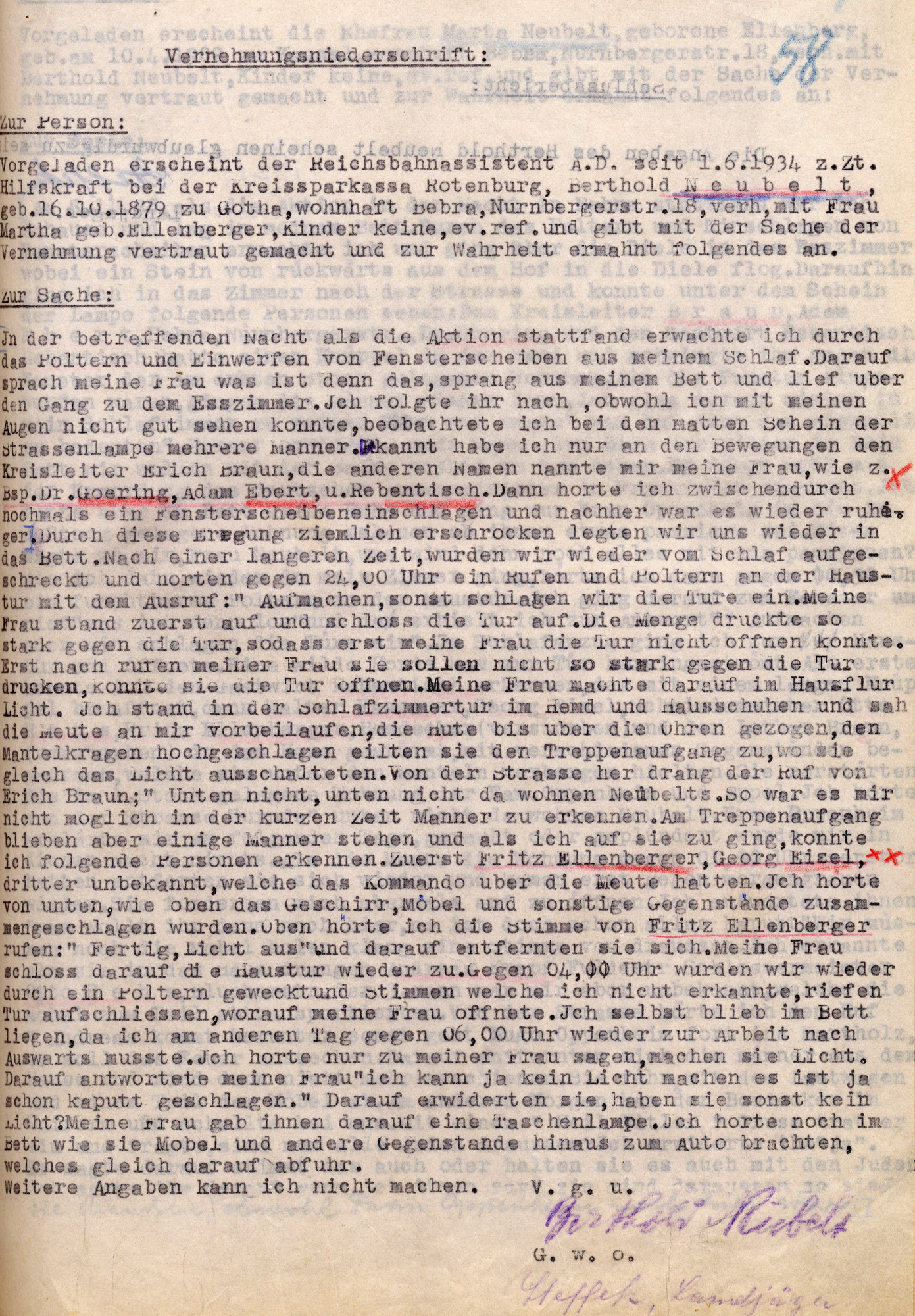 Vernehmungsniederschrift mit der Aussage von Berthold Neubelt im Ermittlungsverfahren wegen Landfriedensbruch am 7./8. November 1938 in Bebra, o. D. (März 1946)