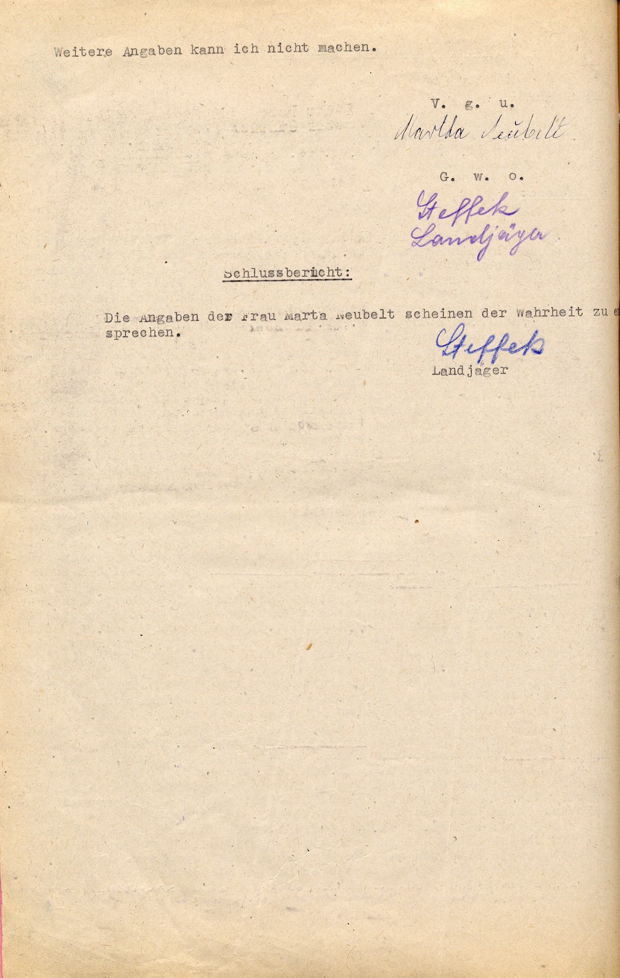 Vernehmungsniederschrift mit der Aussage von Merte Neubelt im Ermittlungsverfahren wegen Landfriedensbruch am 7./8. November 1938 in Bebra, o. D. (März 1946)