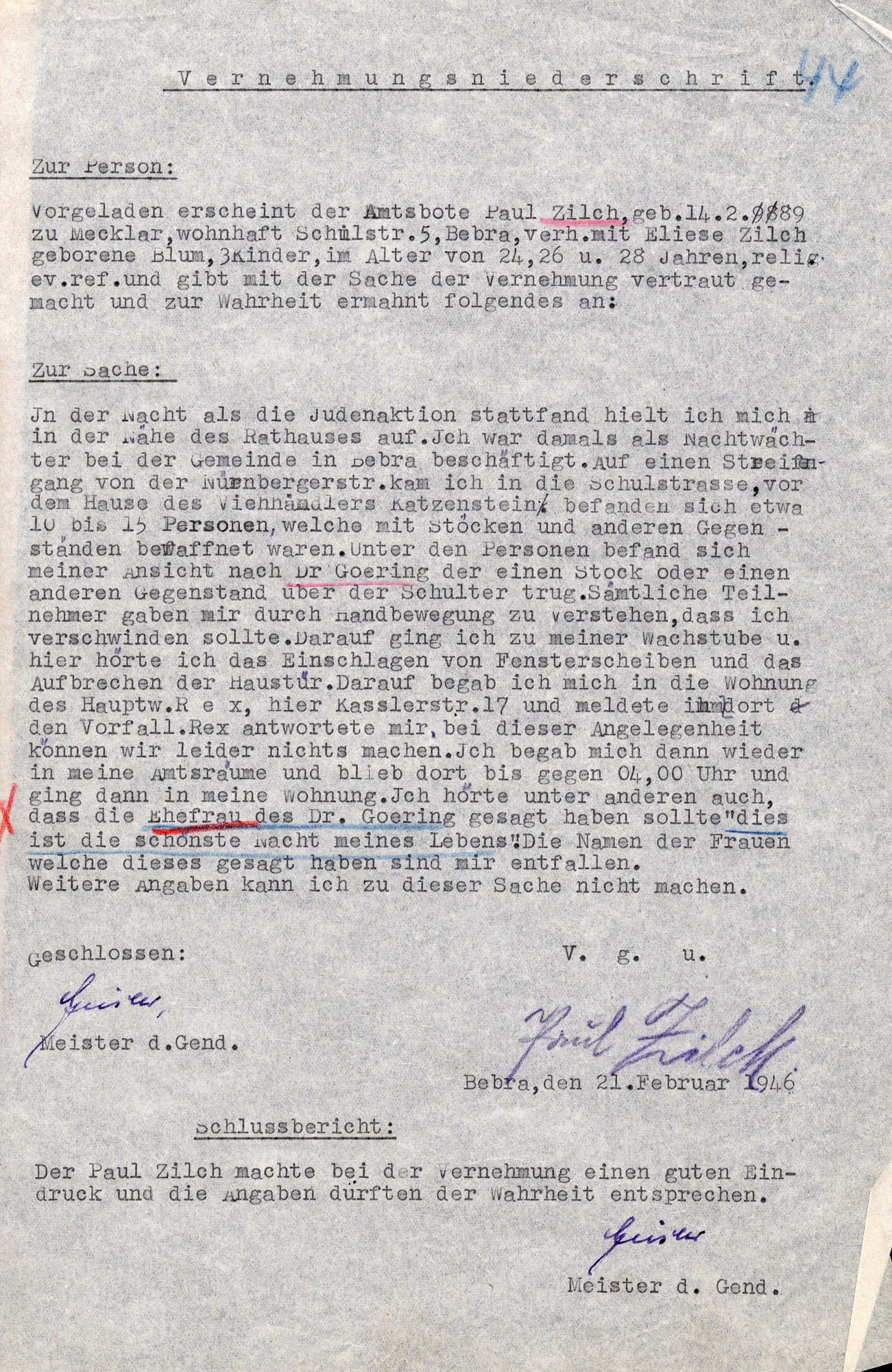 Vernehmungsniederschrift mit der Aussage von Paul Zilch im Ermittlungsverfahren wegen Landfriedensbruch am 7./8. November 1938 in Bebra, o. D. (März 1946)