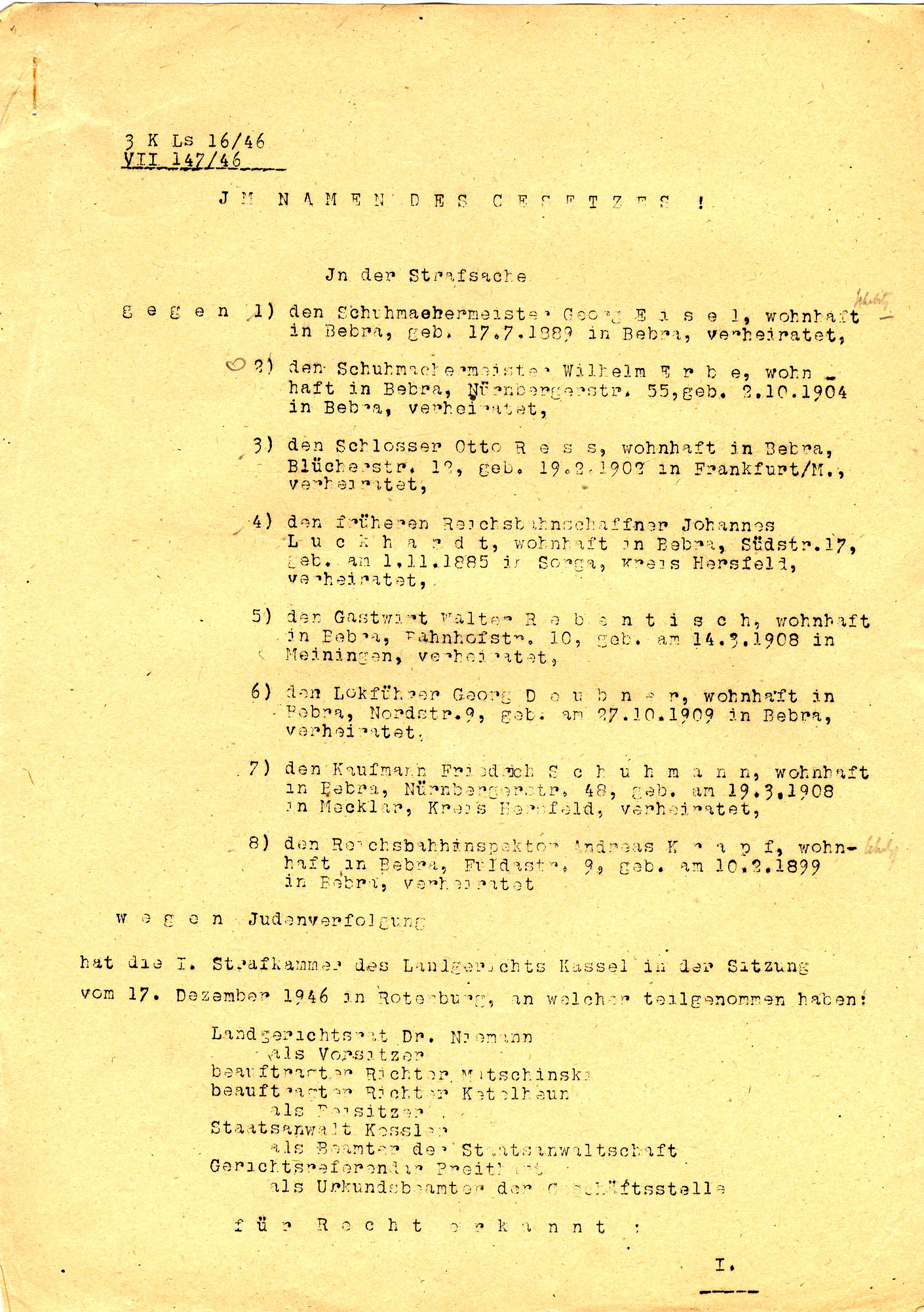 Urteil im Prozess gegen Eisel u.a. wegen der Ausschreitungen am 7./8./9. November 1938 in Bebra, 17. Dezember 1946
