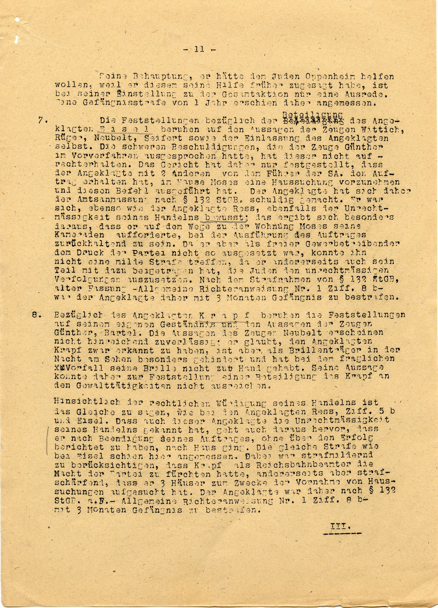 Urteil im Prozess gegen Eisel u.a. wegen der Ausschreitungen am 7./8./9. November 1938 in Bebra, 17. Dezember 1946