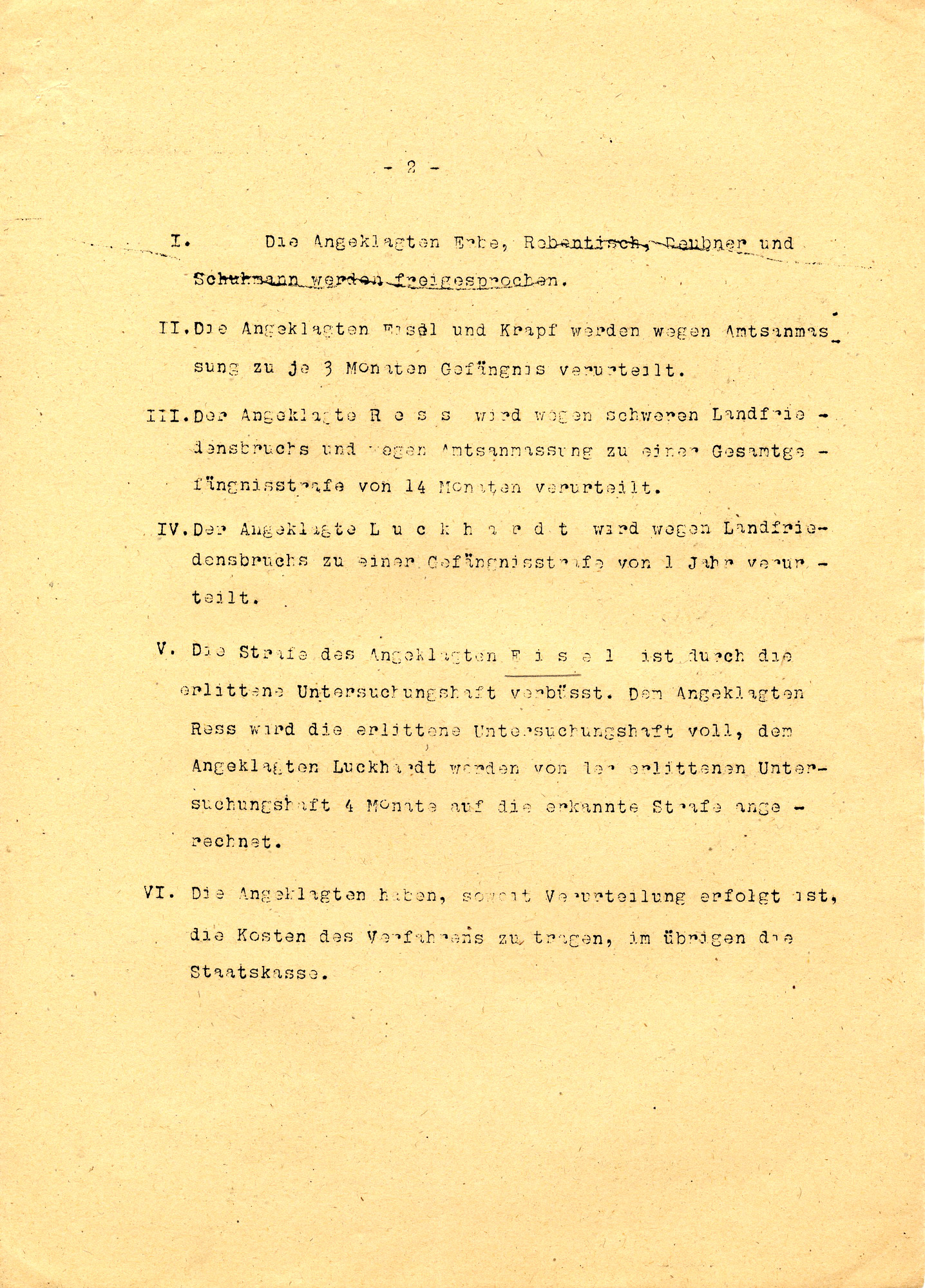 Urteil im Prozess gegen Eisel u.a. wegen der Ausschreitungen am 7./8./9. November 1938 in Bebra, 17. Dezember 1946