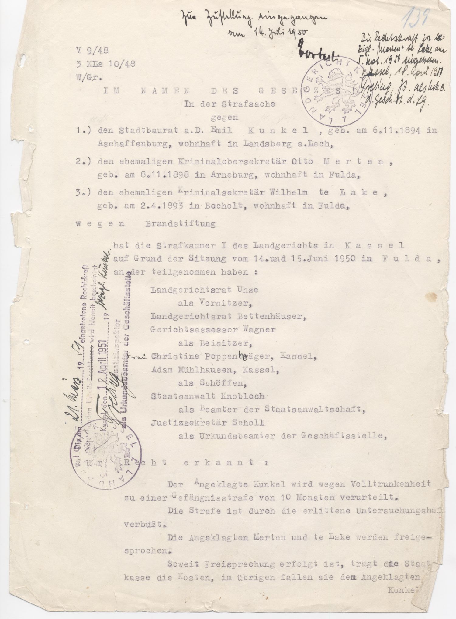 Urteil des Landgerichts Kassel in der Strafsache wegen der Brandstiftung der Synagoge in Fulda im November 1938, Fulda, 15. Juni 1950