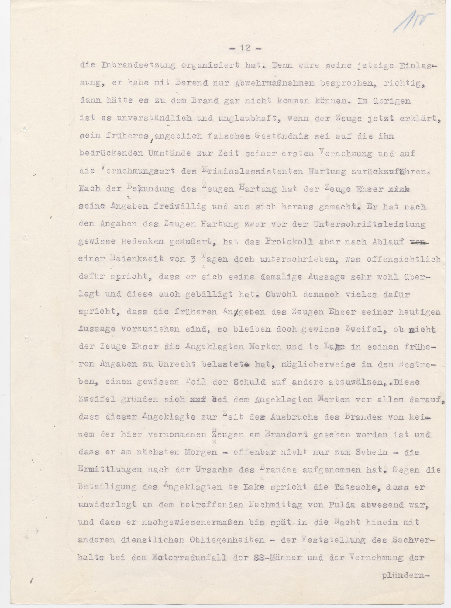 Urteil des Landgerichts Kassel in der Strafsache wegen der Brandstiftung der Synagoge in Fulda im November 1938, Fulda, 15. Juni 1950