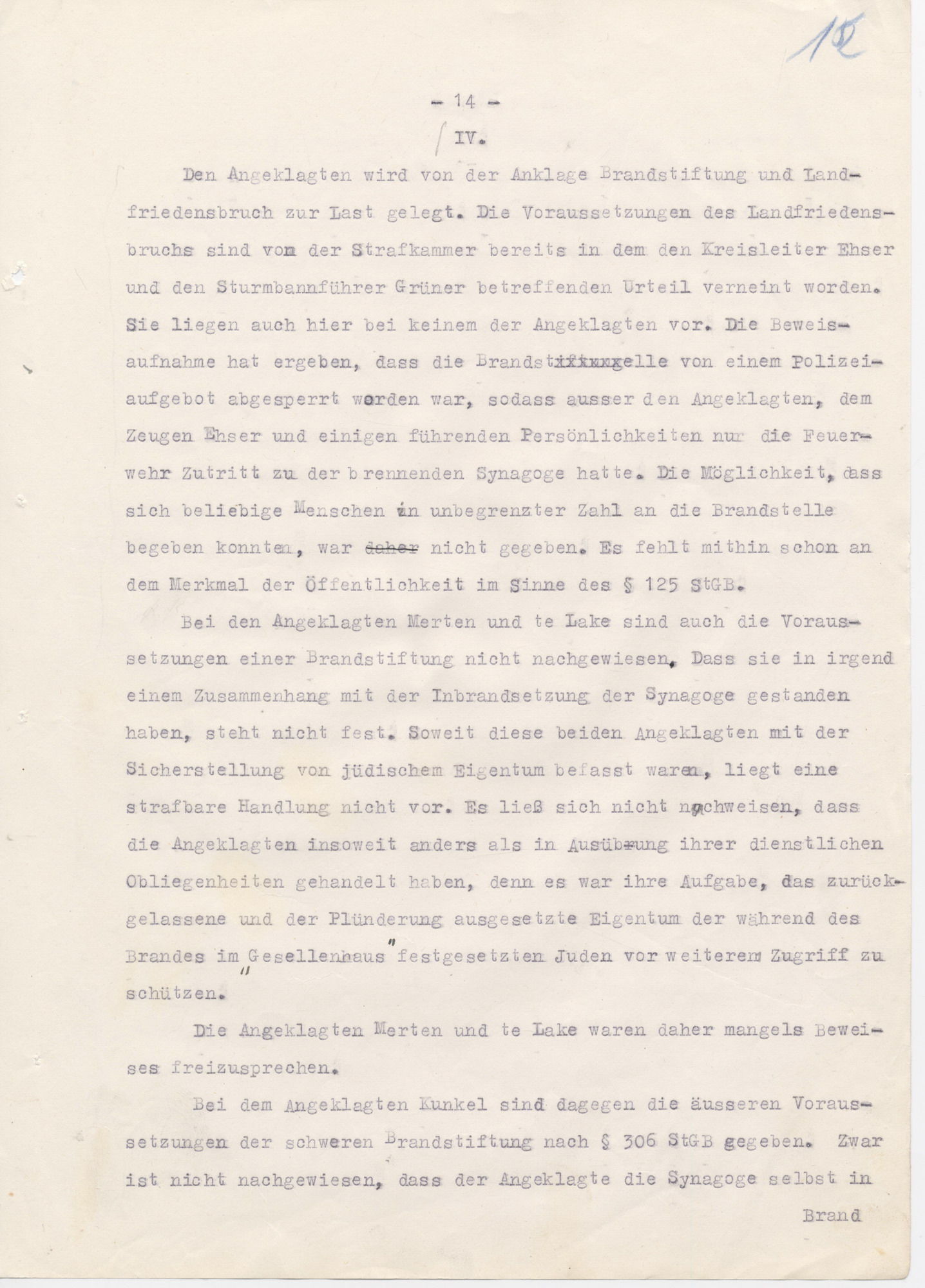 Urteil des Landgerichts Kassel in der Strafsache wegen der Brandstiftung der Synagoge in Fulda im November 1938, Fulda, 15. Juni 1950