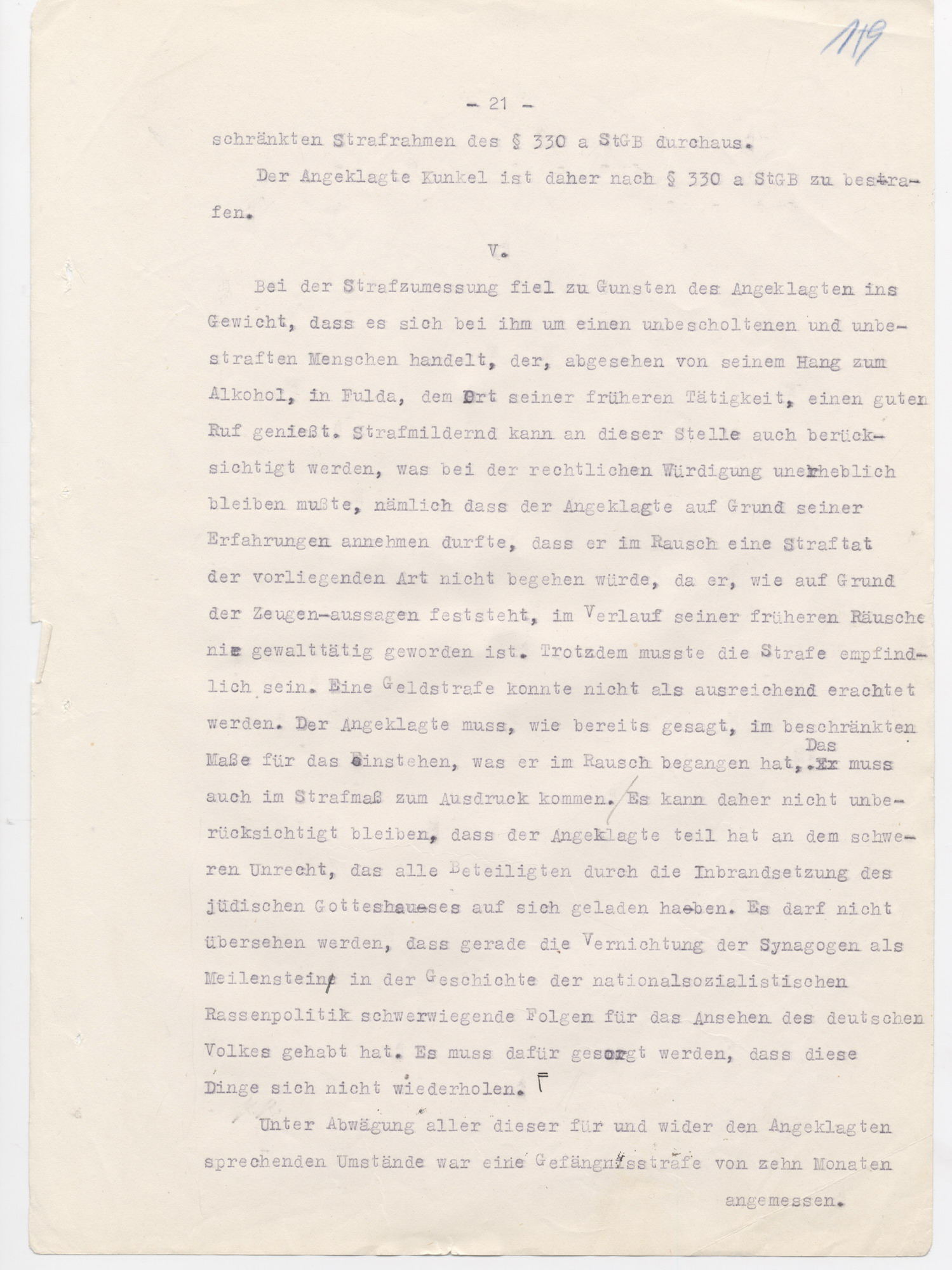 Urteil des Landgerichts Kassel in der Strafsache wegen der Brandstiftung der Synagoge in Fulda im November 1938, Fulda, 15. Juni 1950